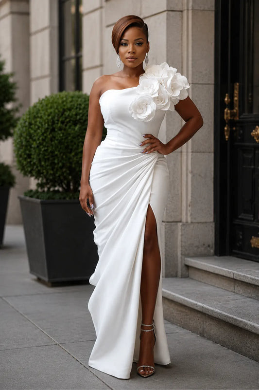 Wedding White Elegant One Shoulder Strappy 3D Maxi Dresses