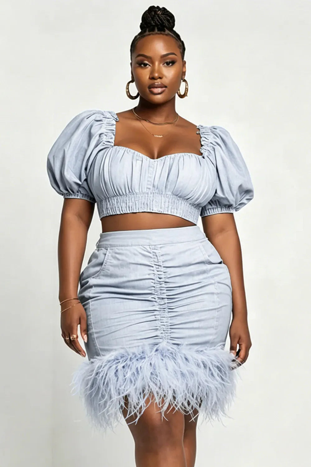 Xpluswear Design Plus Size Party Light Blue Square Neck Puff Sleeve Short Sleeve Bodycon Feather Tencel Denim Two Piece Skirt Sets
