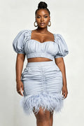 Xpluswear Design Plus Size Party Light Blue Square Neck Puff Sleeve Short Sleeve Bodycon Feather Tencel Denim Two Piece Skirt Sets