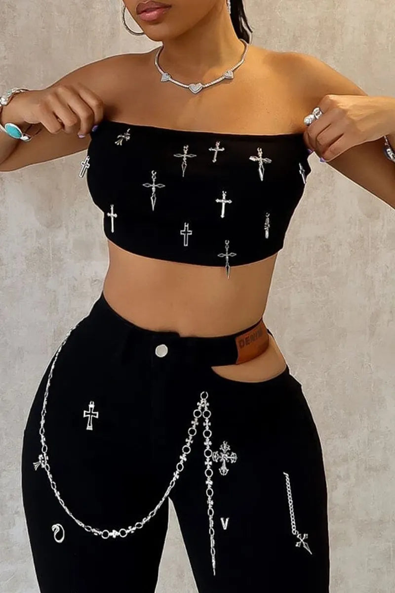 Women's Casual Strapless Top With Decorative Accent＆Tight Fitting Trousers With Chain Detail