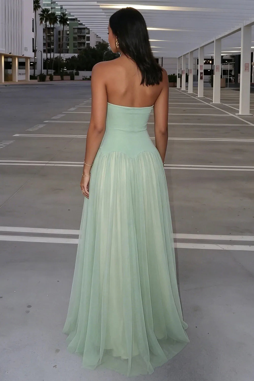 Plain Strapless Cinch Waist Mesh Patchwork Evening Gowns Maxi Dresses-Green