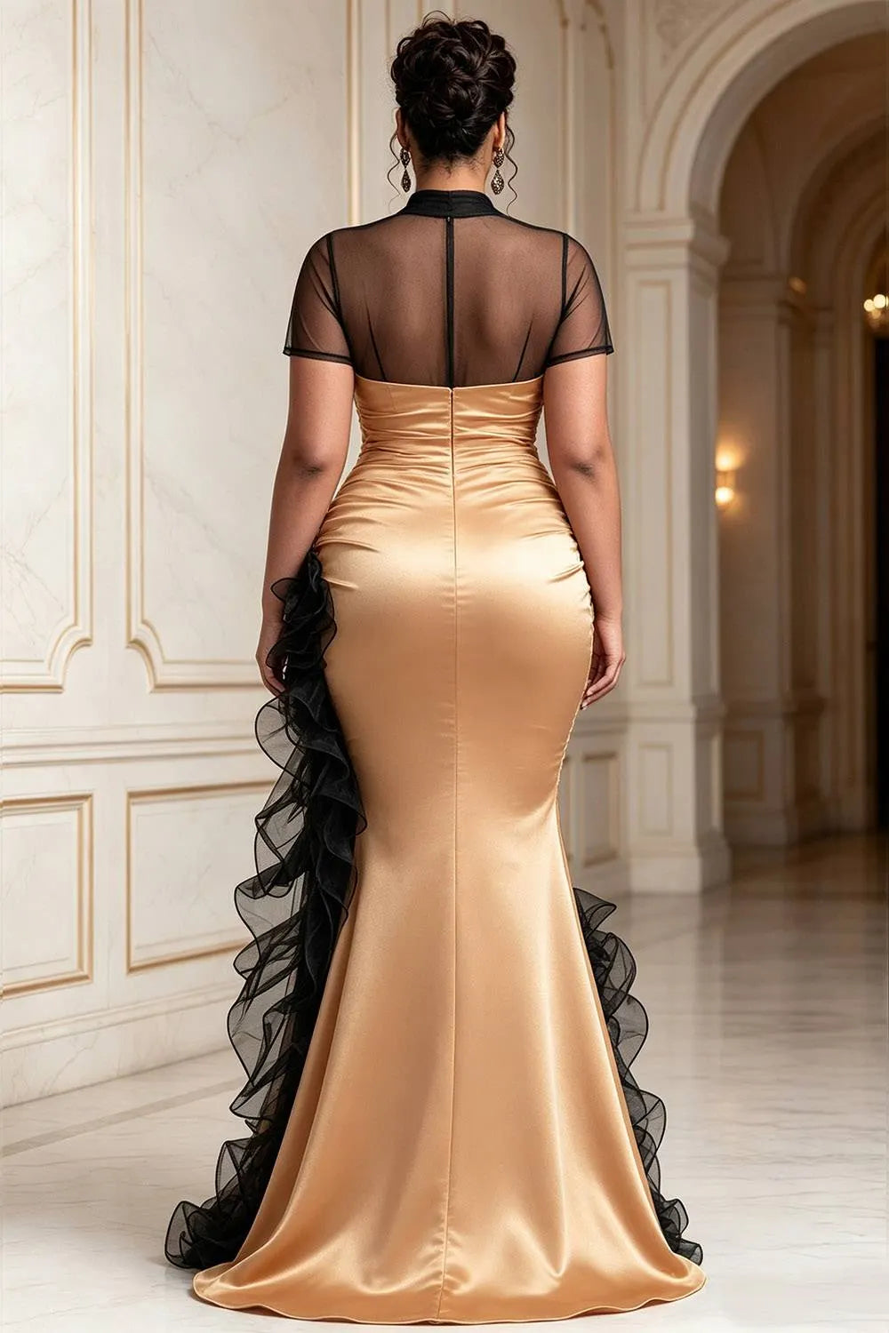 Tulle Gold Round Neck Short Sleeve Ruffle Split Satin Maxi Dresses [Pre-Order]