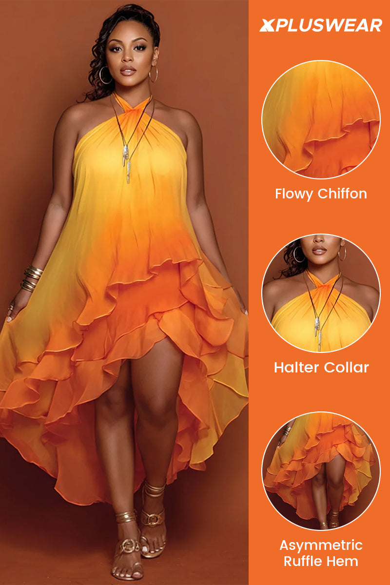 Vacation Sundress Multicolor Gradient Halter Collar Ruffle Asymmetric Hem Irregular Hem Chiffon Midi Dresses