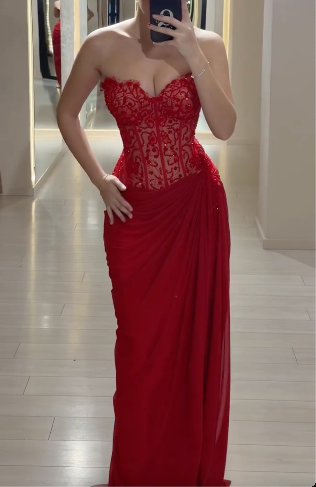 Red Strapless Sheer Corset Maxi Dress with High Slit