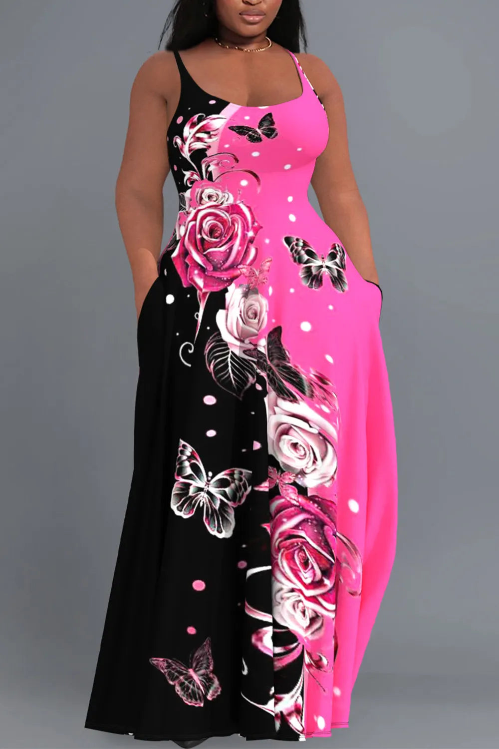 Casual Sundress Colorblock Butterfly Print With Pockets Maxi Dress