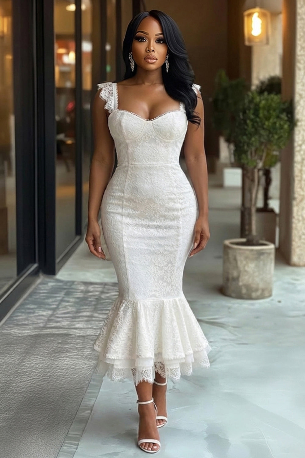 Ruffle Wide Straps Jacquard Fishtail Gowns Maxi Dresses-White