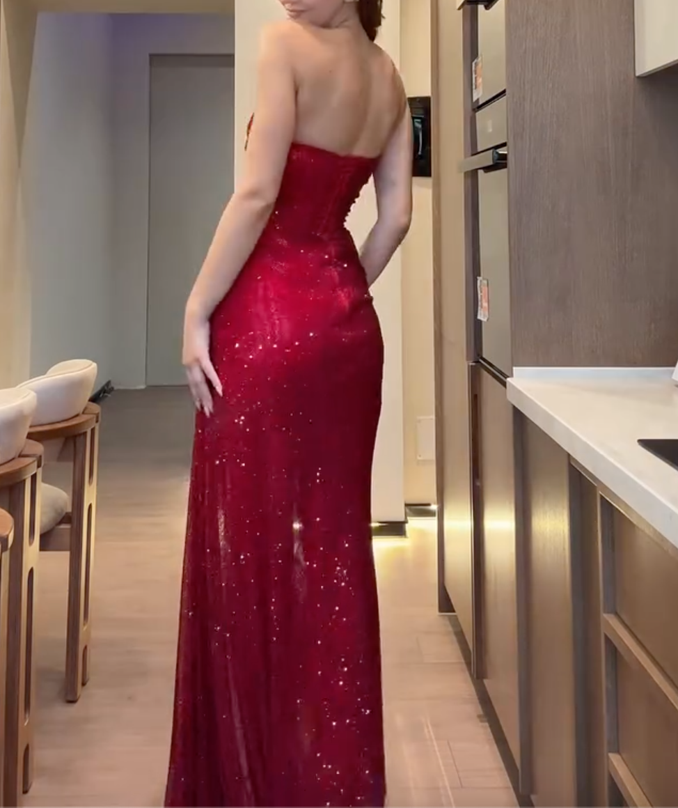 Wine Red Strapless Diagonal Ruched Sparkle Mesh Mermaid Evening Maxi Dress For Wedding Guest Prom Gala Birthday Party