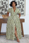 Ripple Print Notched Lapel Front Slit Casual Maxi Dresses-Green [Pre Order]