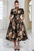 Black All Over Print Stand-Up Collar Short Sleeve Pocket Elegant Satin Midi Dresses