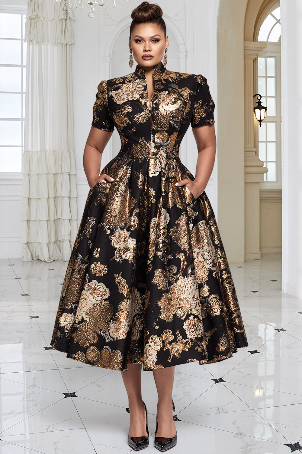 Black All Over Print Stand-Up Collar Short Sleeve Pocket Elegant Satin Midi Dresses