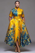 Yellow All Over Print Stand-Up Collar Short Sleeve Wrap Pocket Satin Midi Dresses