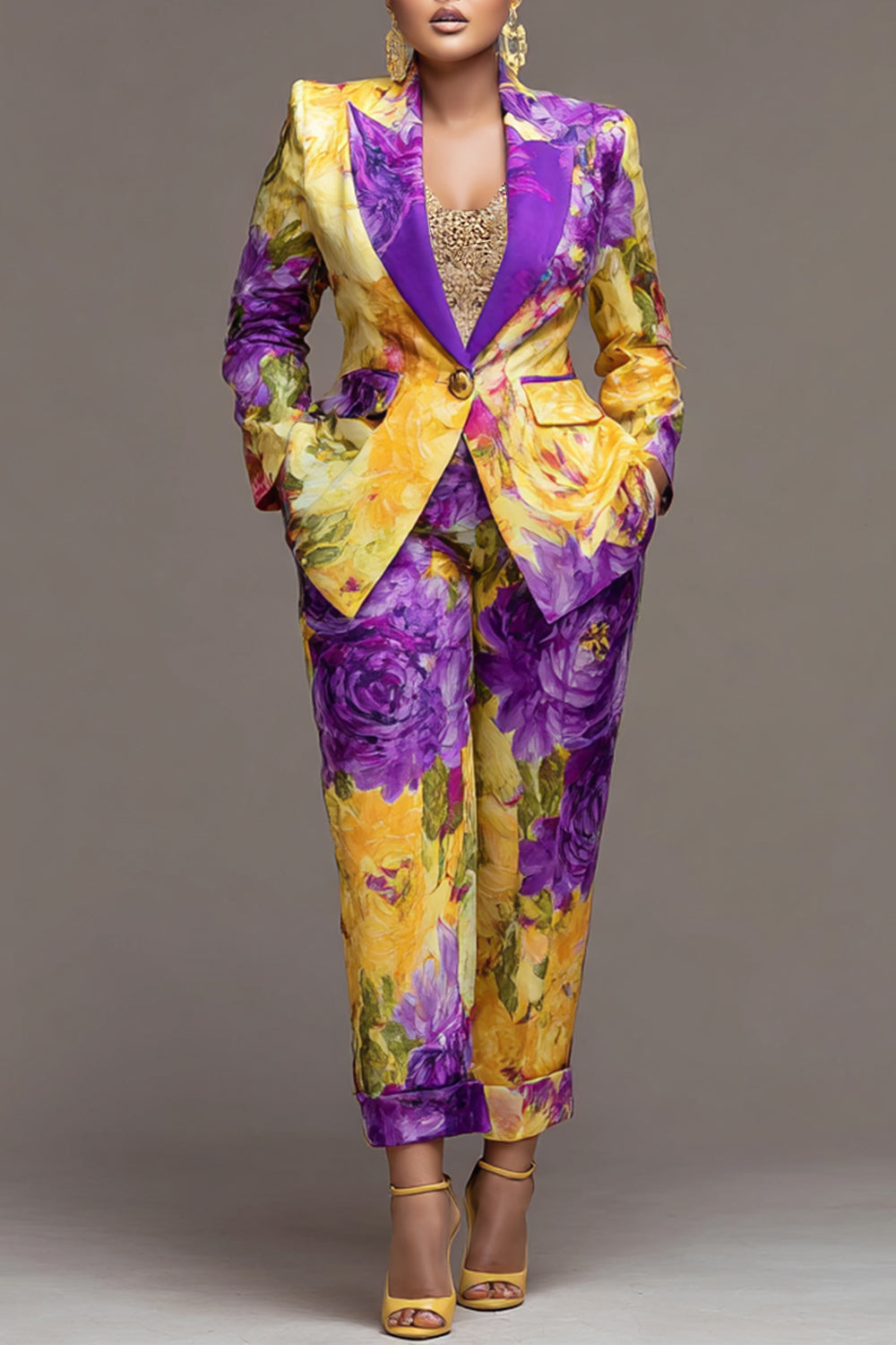 Purple Floral Lapel Collar Long Sleeve Pocket Two Piece Pant Suits