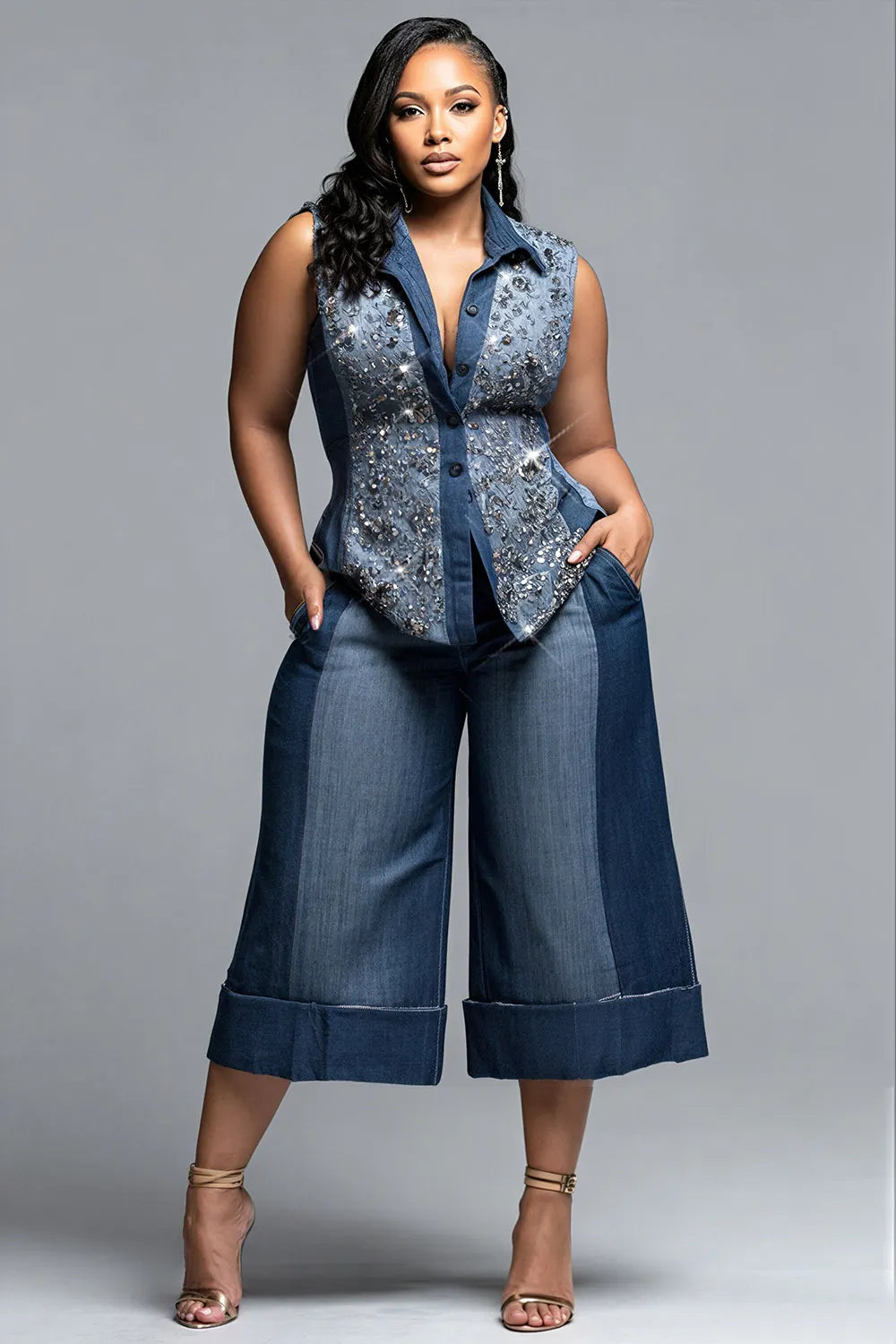 Xpluswear Design Plus Size Business Casual Blue Shirt Collar Sequin Pocket Tencel Denim Two Piece Pant Sets