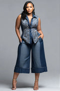 Xpluswear Design Plus Size Business Casual Blue Shirt Collar Sequin Pocket Tencel Denim Two Piece Pant Sets