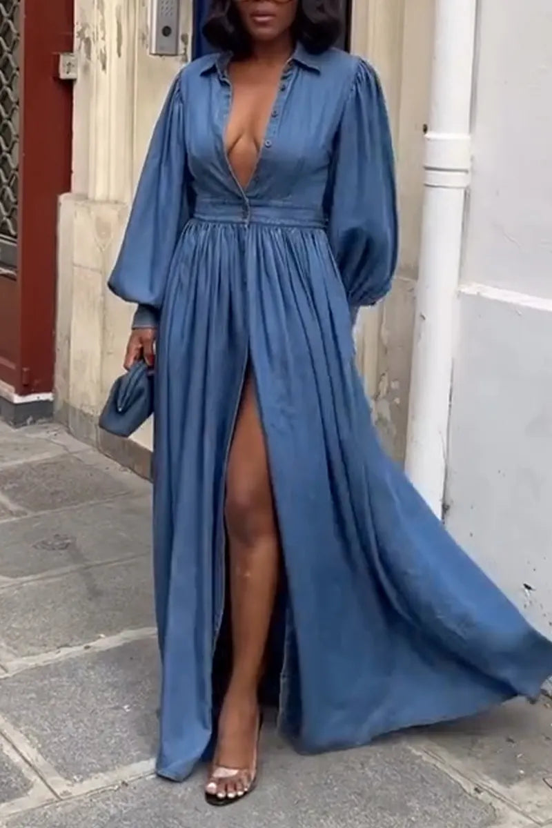 Women's Collar Splicing Waist Cinching Slit Elegant Casual Denim Dress