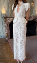 High Neck Plunge Peplum Floral Lace Cap Sleeve Maxi Wedding Dress, Regal Vintage Bridal Gown