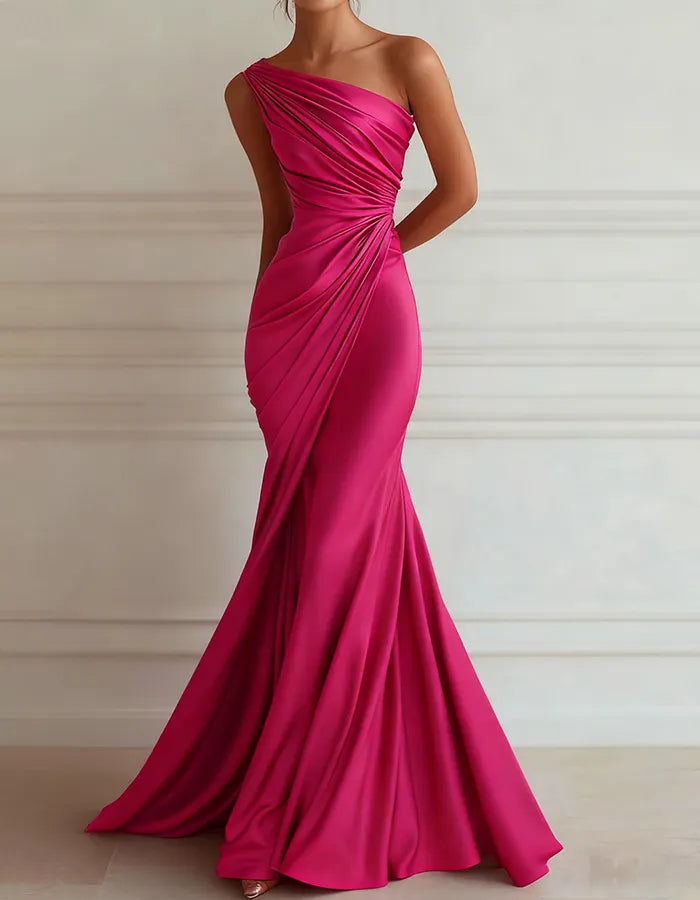 One-shoulder Stretch Satin Pleats Maxi Dress