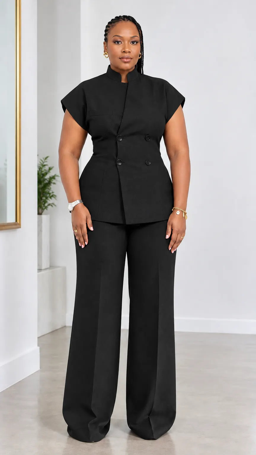Women's Stand Collar Short Sleeve Double-Breasted Top and Wide-Leg Pants Two-Piece Suit Set