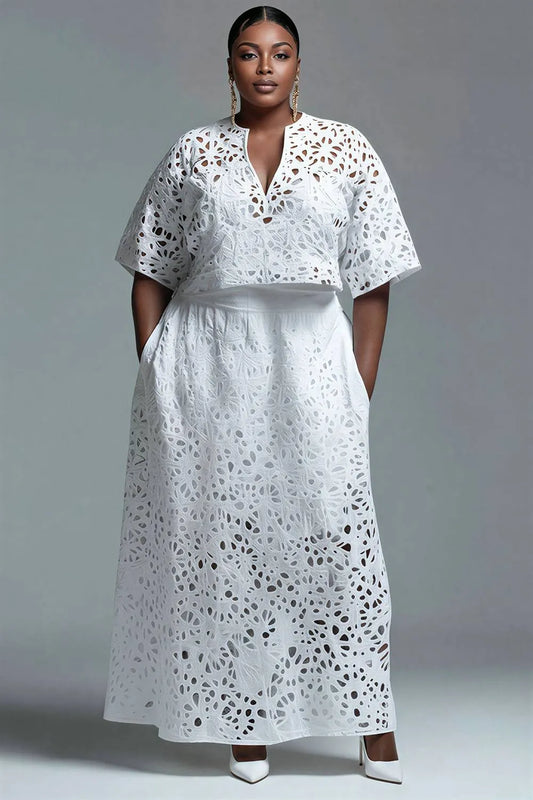 Business Casual White V Neck Short Sleeve Pocket Cut Out Two Piece Skirt Sets