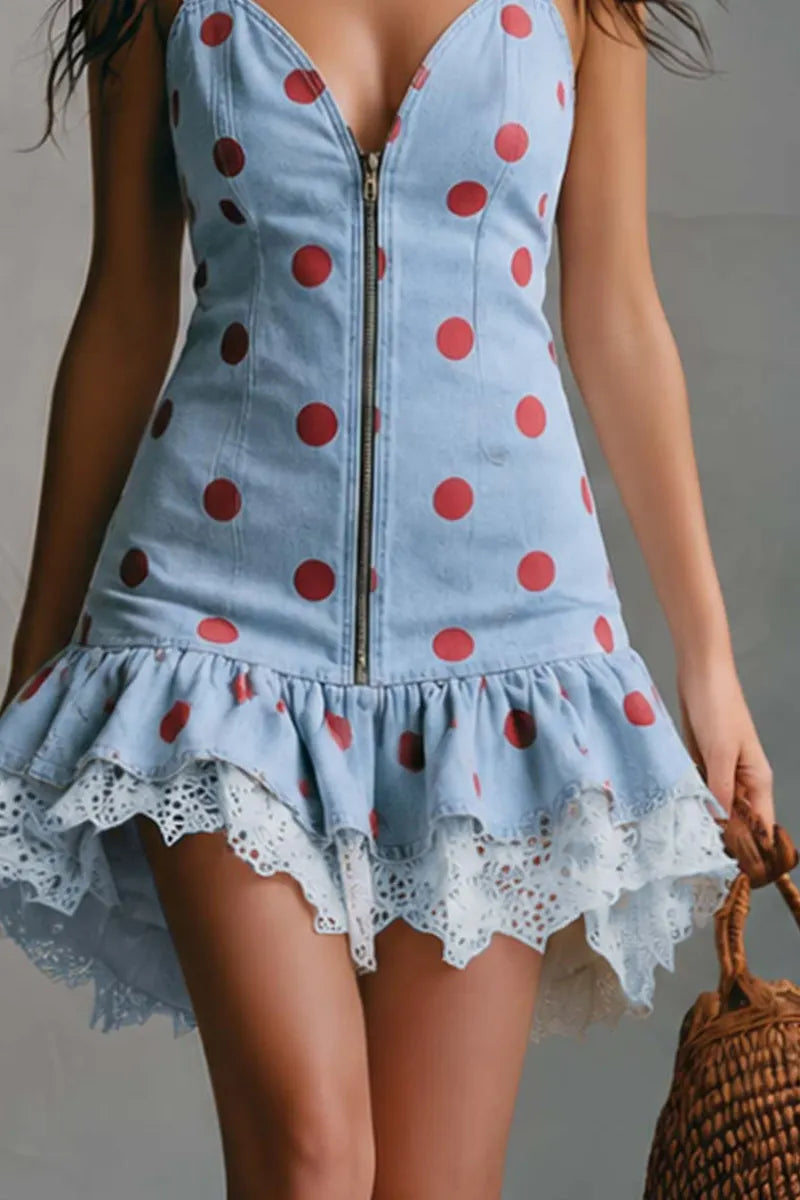 Women Summer Light Wash Polka Dot Sleeveless Lace Trim Irregular Denim Dress
