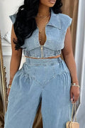 Women's Sleeveless Collar Zip Front Elastic Hem Denim Crop Top Or High Waist Gathered Wide Leg Pants
