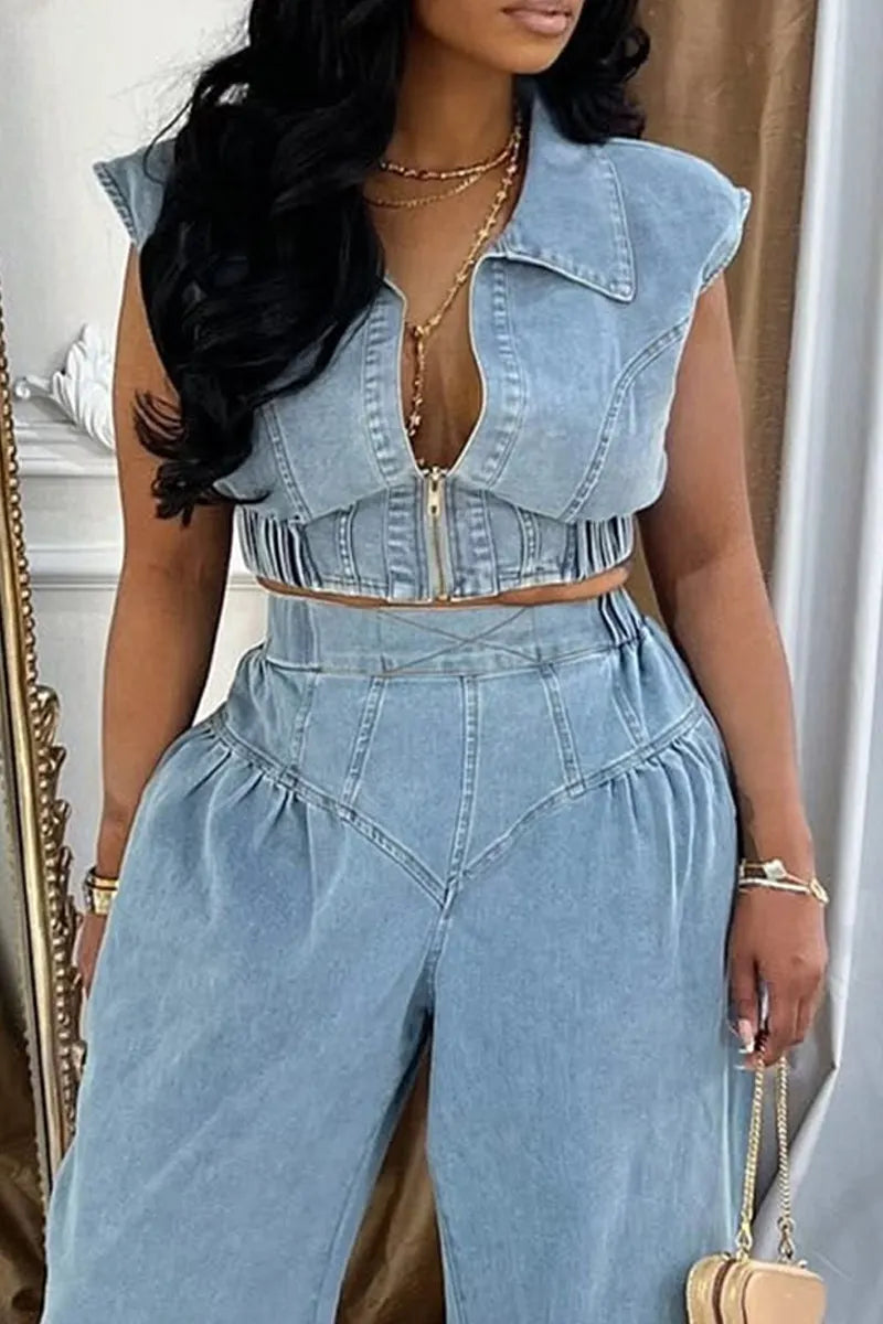 Women's Sleeveless Collar Zip Front Elastic Hem Denim Crop Top Or High Waist Gathered Wide Leg Pants