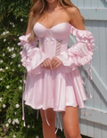 Pink Satin Corset Mini Dress with Detachable Ruffled Sleeves