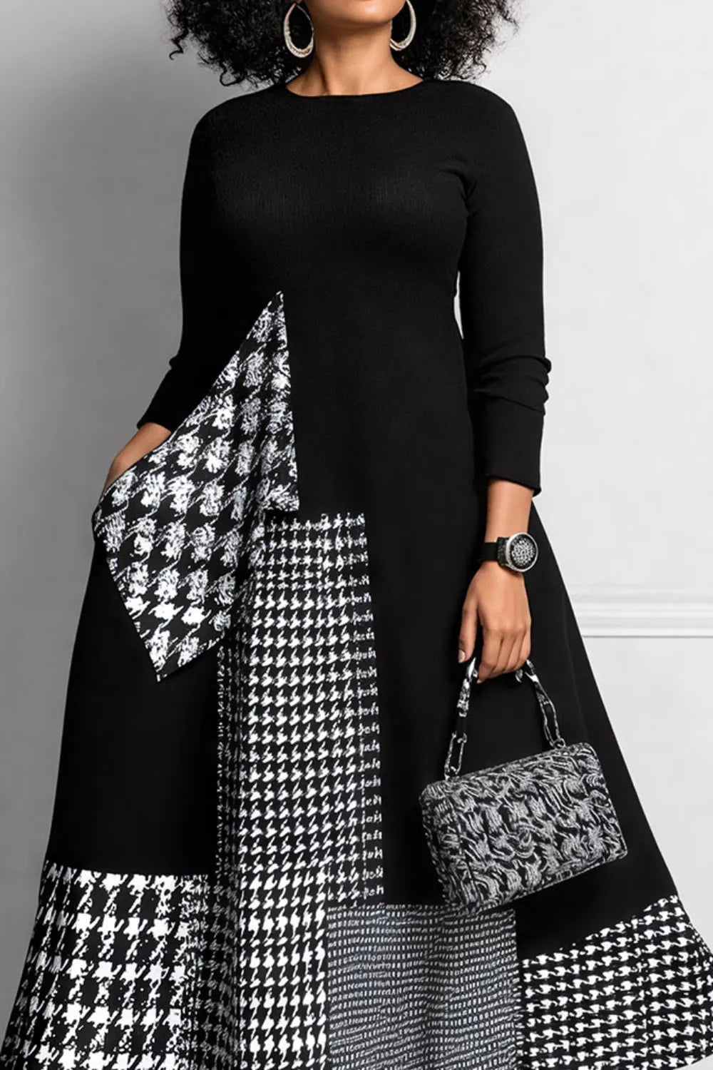 Daily Black Houndstooth Round Neck Long Sleeve Pocket Elegant Maxi Dresses