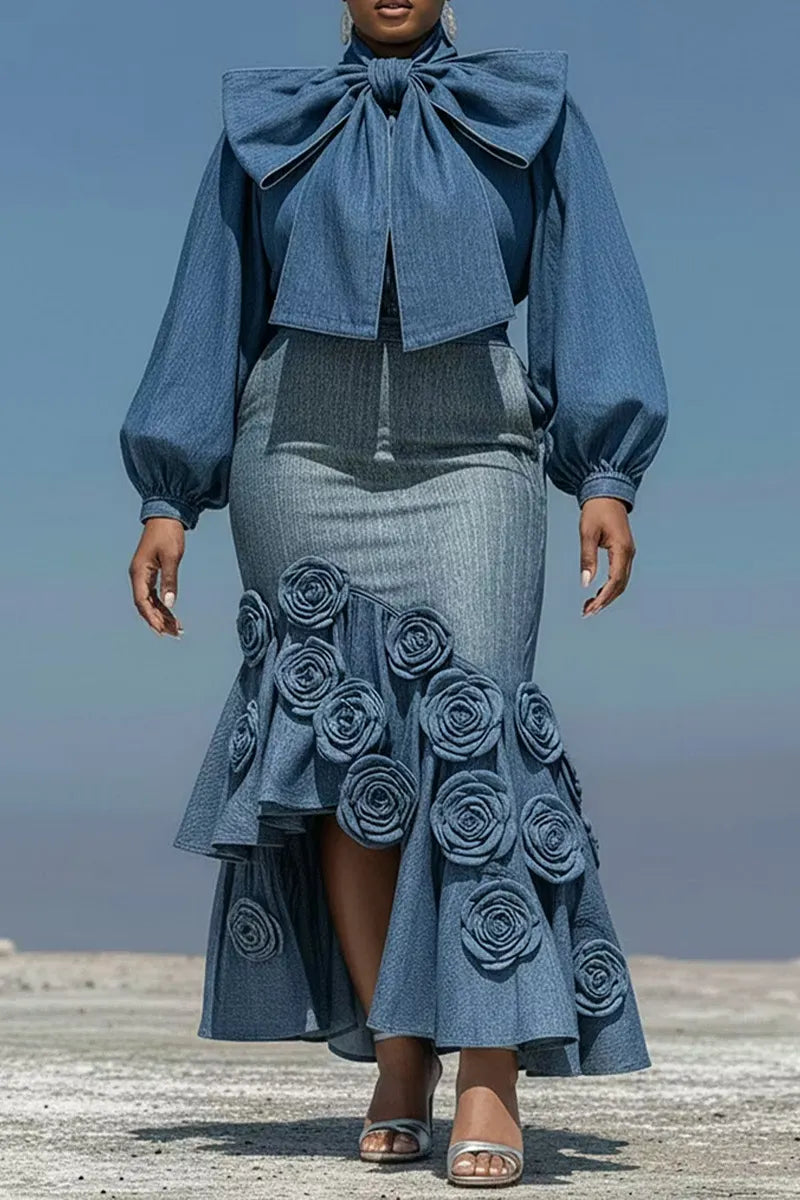 Women's Casual High Neck Oversized Bow Puff Long Sleeve Cropped Denim Blouse Or High Waist 3D Rose Floral Applique Side Slit Ruffle Mermaid Denim Skirt