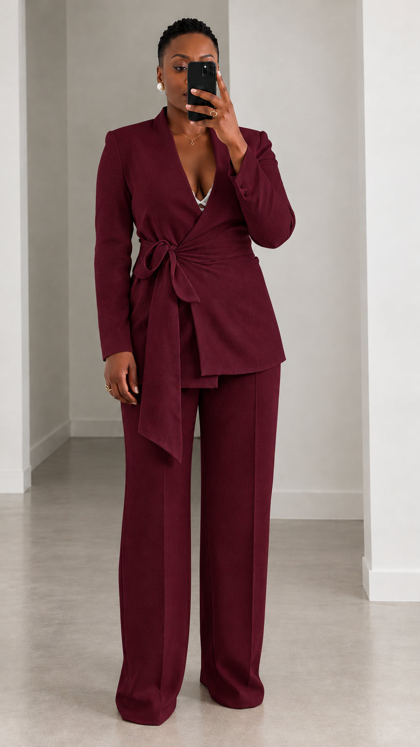 Women's Elegant Tie-Waist Wrap Blazer and Wide-Leg Trousers Two-Piece Suit Set
