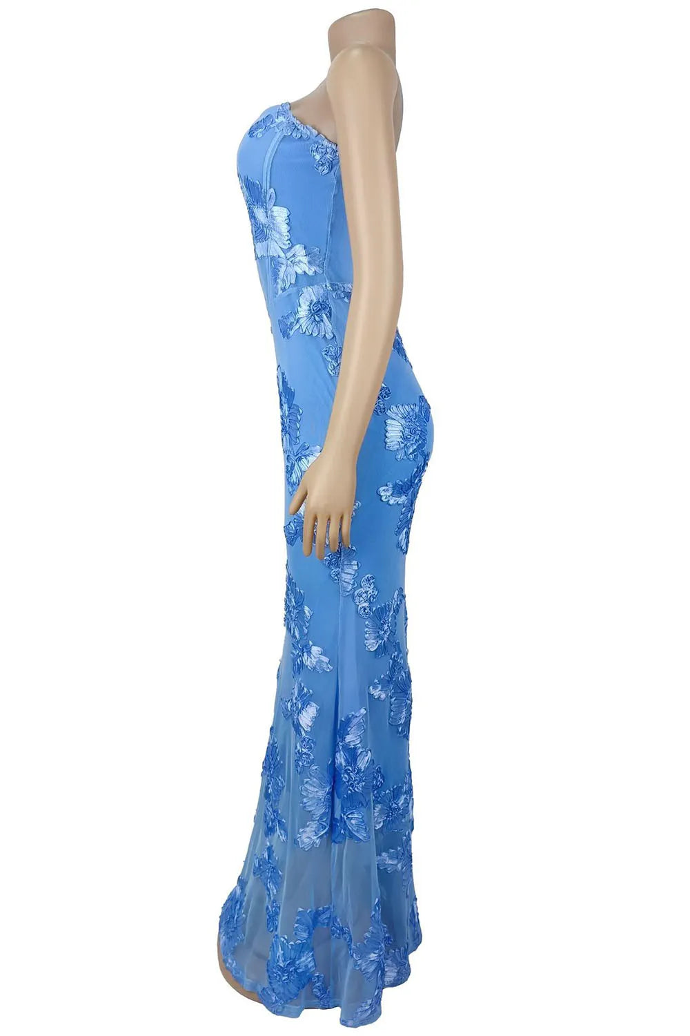 Strapless 3D Floral Decor Mermaid Slim Fit Evening Gowns Maxi Dresses-Blue