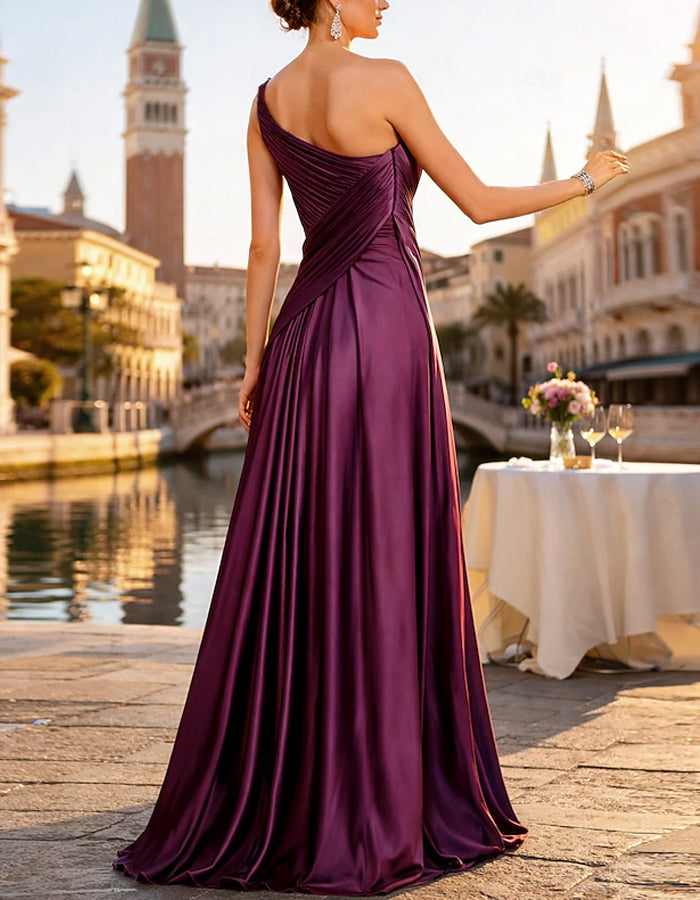 Solid Color Satin Draped Shoulder Maxi Dress