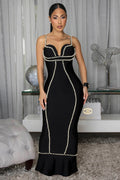 Spaghetti Strap Backless Imitation Pearl Fishtail Party Maxi Dresses-Black