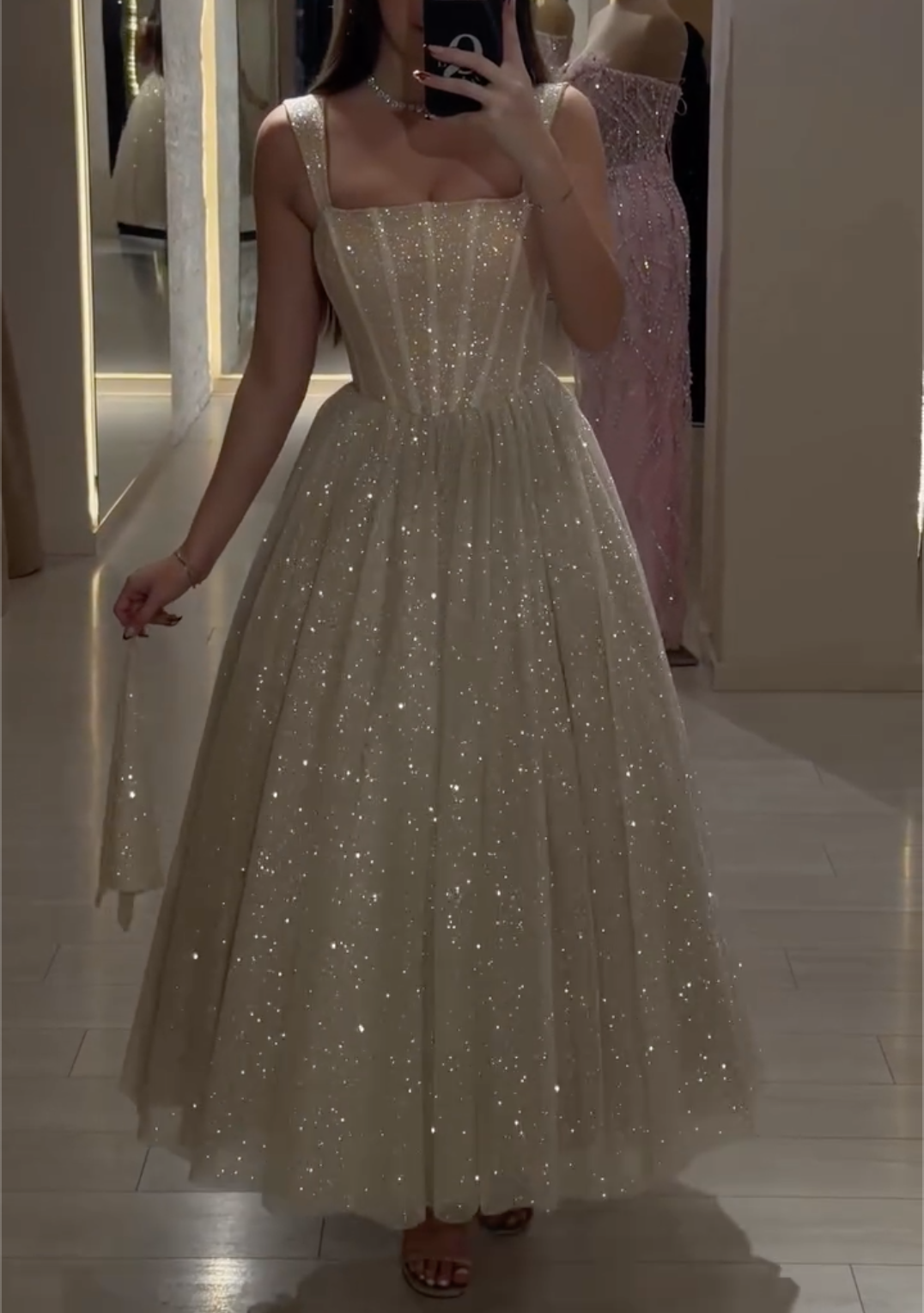 Ivory/Champagne Glitter Tulle Midi Dress with Square Neck & Corset Bodice
