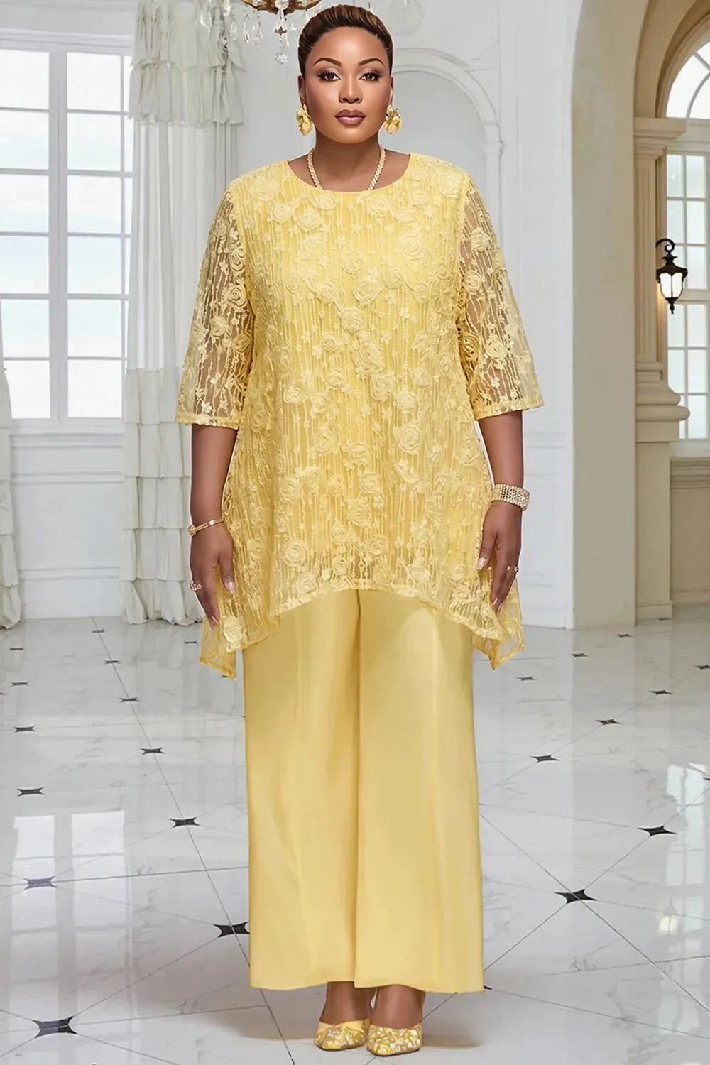 Mother Of The Bride Yellow Round Neck 3/4 Sleeve 3D Pocket Chiffon Two Piece Pant Sets