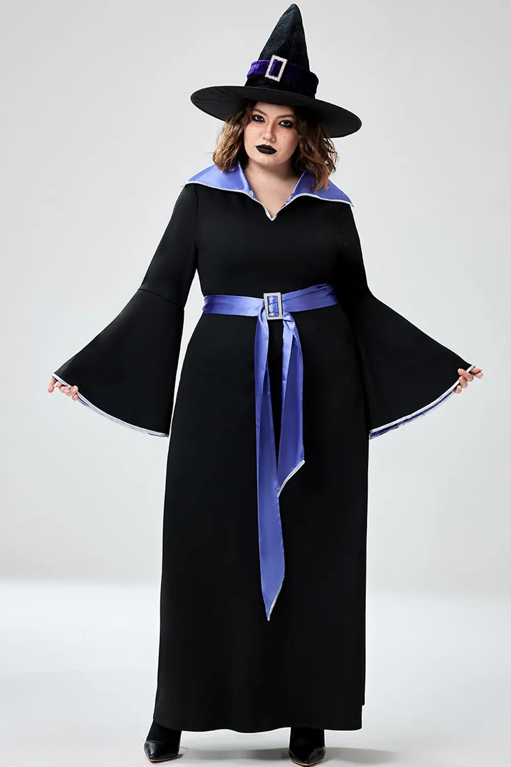 Halloween Costume Black Witches Cosplay Trumpet Sleeve Knitted Maxi Dress (Without Hat And Cane)(Ships 24h)