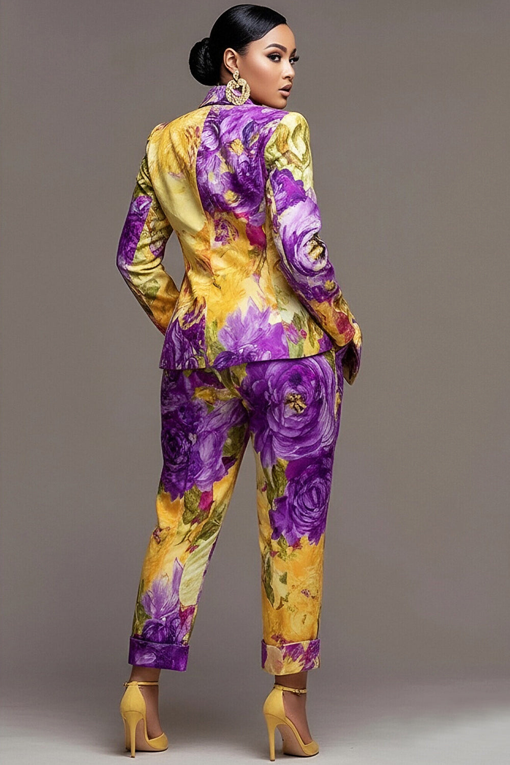 Purple Floral Lapel Collar Long Sleeve Pocket Two Piece Pant Suits