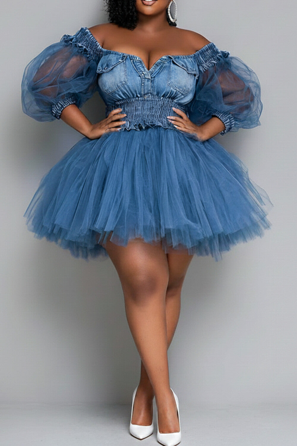 Xpluswear Design Plus Size Party Blue Off The Shoulder Short Sleeve Contrast See Through Tencel Denim Mini Dresses