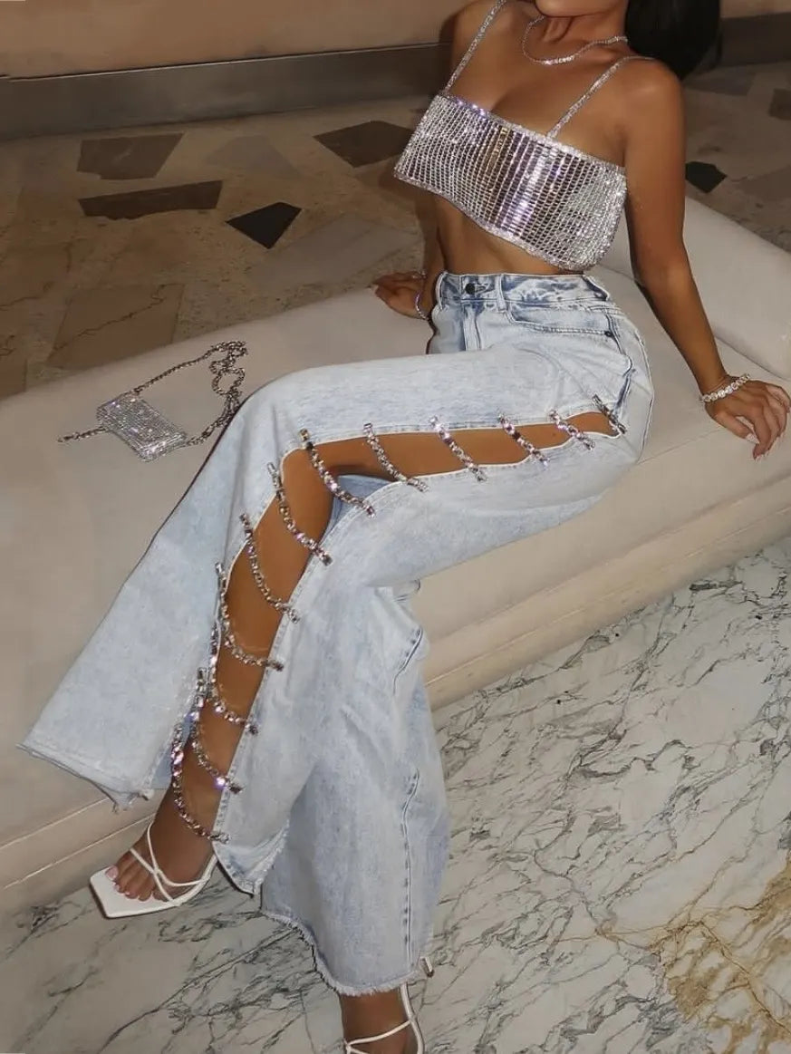 Designer Low Rise Draped Diamond Wide Leg Jeans