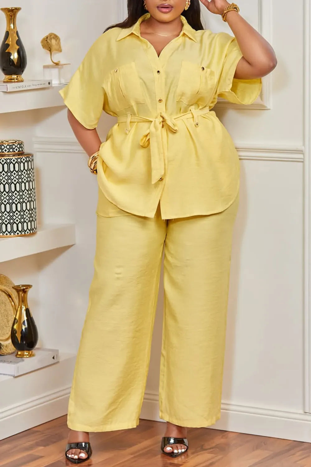 Plus Size Business Casual Casual Yellow Shirt Collar Short Sleeve Pocket Linen Two Piece Pant Sets