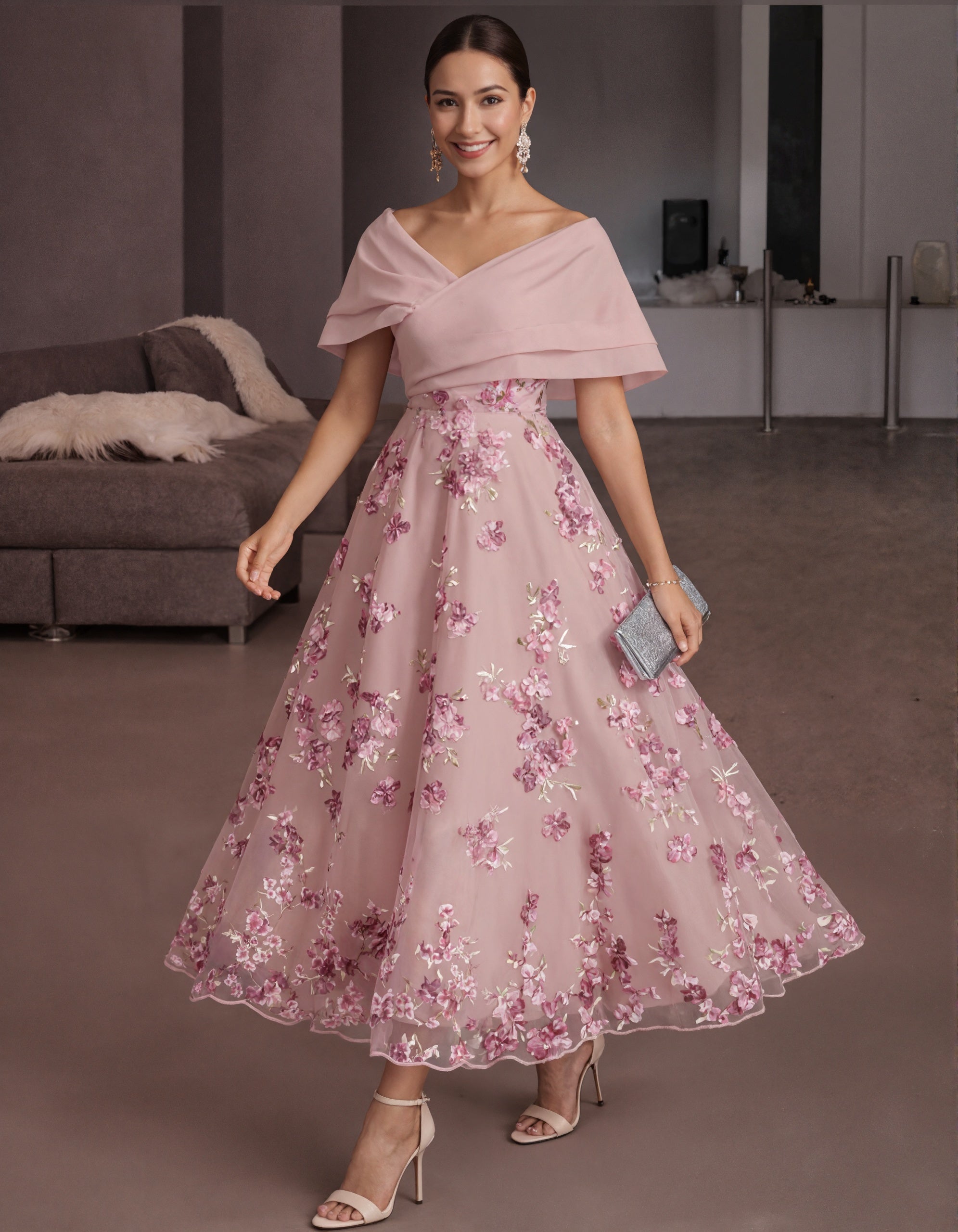 Solid Color Off Shoulder 3D Floral Embroidery Maxi Dress