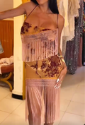 Caramel Pink Floral Print Halter Midi Dress with Layered Fringe Panels