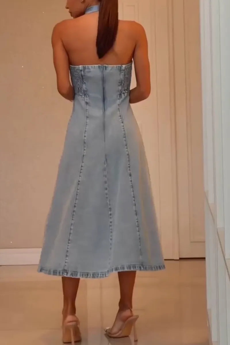 Women's Elegant A Line Hem Bustier Denim Dress
