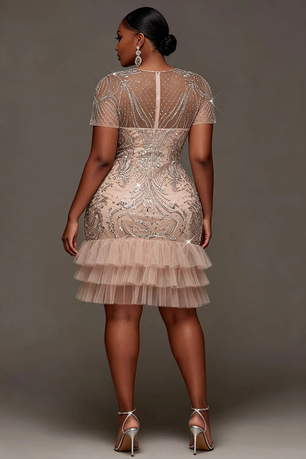 Party Elegant Tulle Pink Round Neck Short Sleeve Ruffle See Through Sequin Mini Dresses