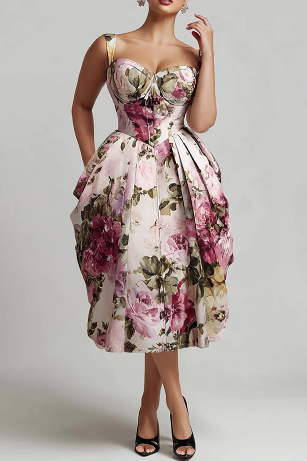 Cocktail Party Pink Floral Sweetheart Neck Pleated Pocket Satin Midi Dresses