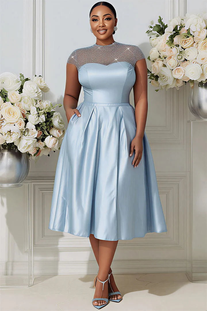 Cocktail Party Tulle Light Blue Round Neck Short Sleeve Pocket See Through Satin Midi Dresses