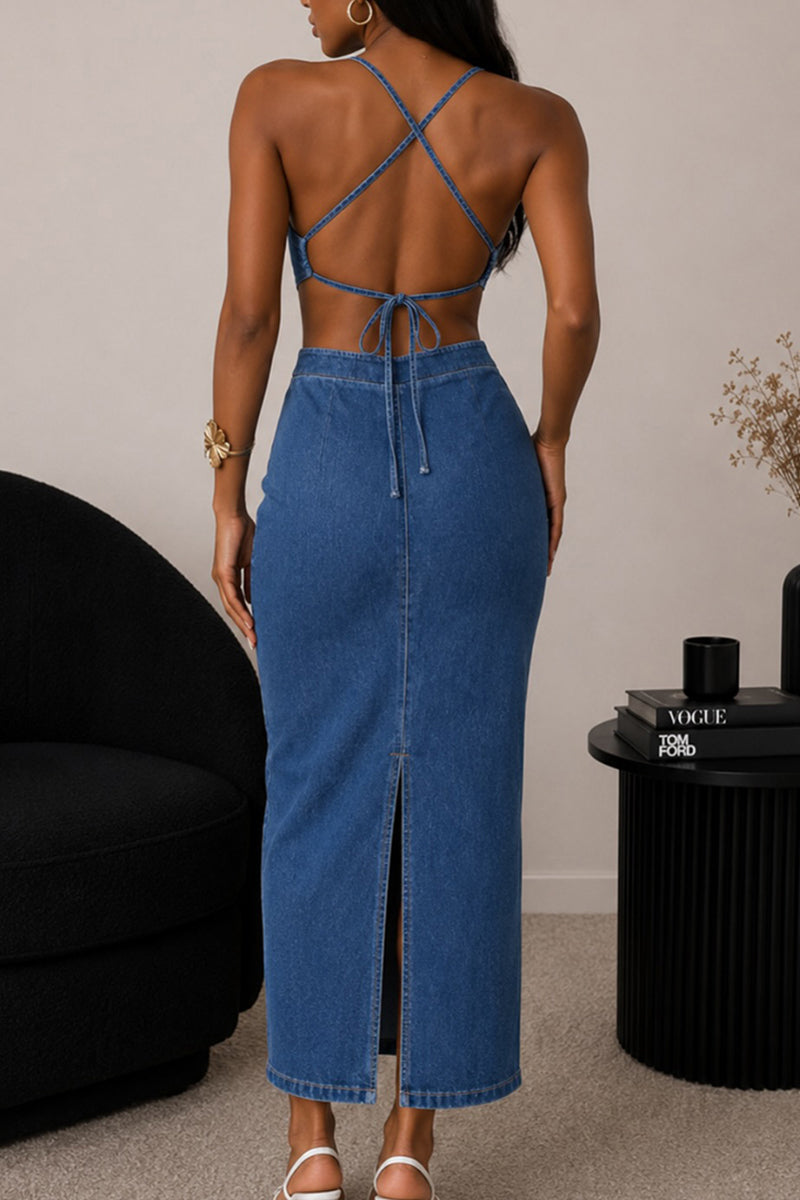 Women's Elegant Backless Cami Denim Maxi Dress