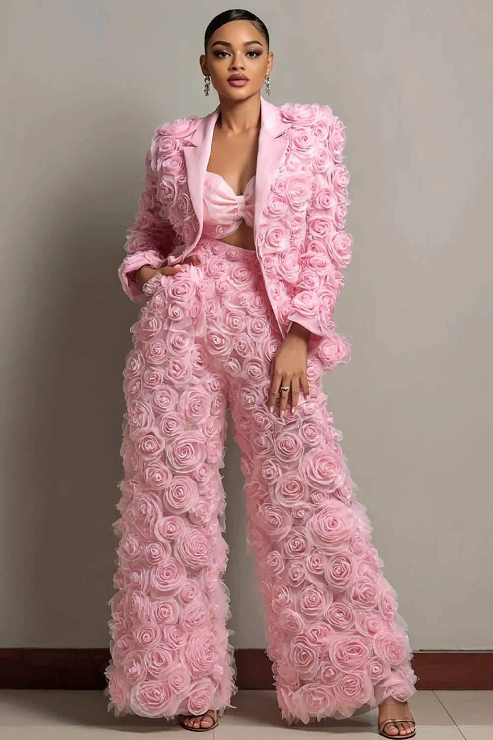 Pink Lapel Collar Long Sleeve 3D Pocket Tulle Two Piece Pant Suits