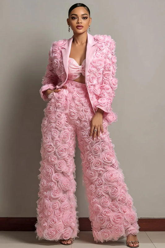Pink Lapel Collar Long Sleeve 3D Pocket Tulle Two Piece Pant Suits