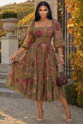Square Neck 3/4 Sleeve Floral Cinch Waist Midi Dresses-Olive [Pre Order]